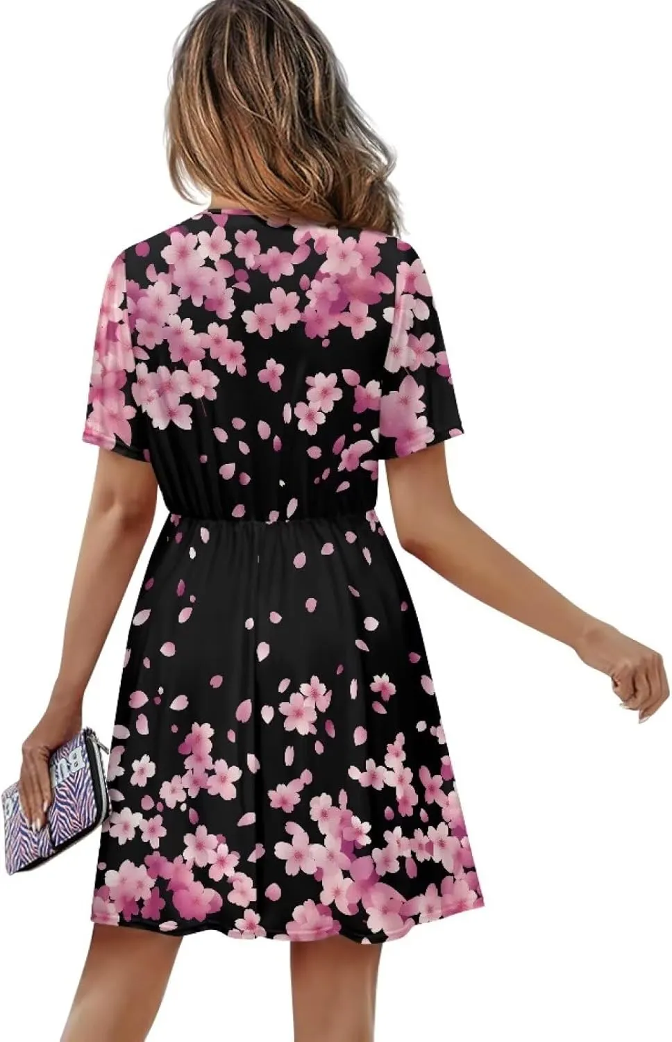 Women's V Neck Dresses Short Sleeve Swing Ruffle Dresses A Line Soft Ruched Dress Lightweight Vacation Dress