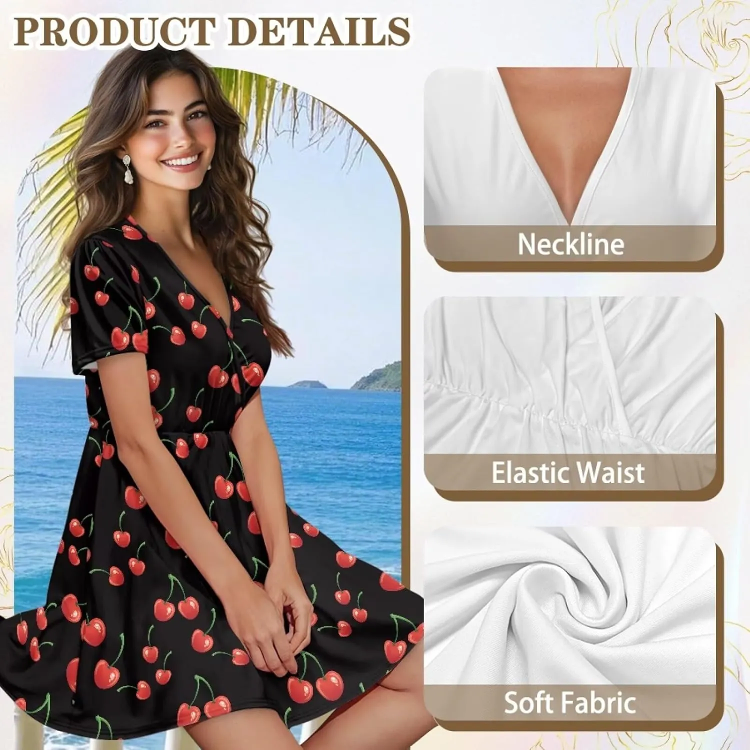 Women's V Neck Dresses Short Sleeve Swing Ruffle Dresses A Line Soft Ruched Dress Lightweight Vacation Dress