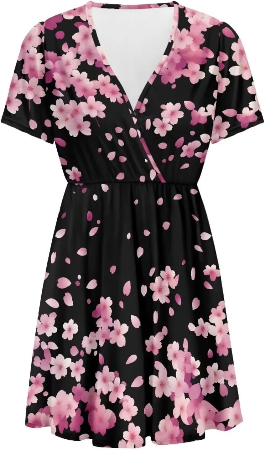 Women's V Neck Dresses Short Sleeve Swing Ruffle Dresses A Line Soft Ruched Dress Lightweight Vacation Dress