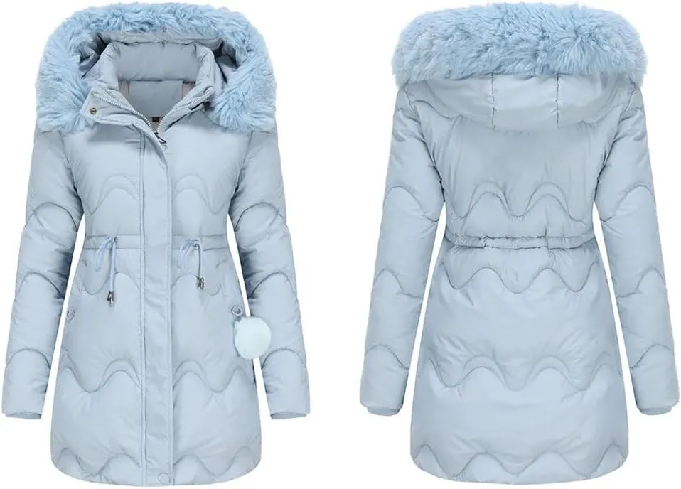 Women's Winter Mid Length Padded Down Jacket Large Fur Collar Hooded Waisted Parkas Thicken Warm Cotton Puffer Coat