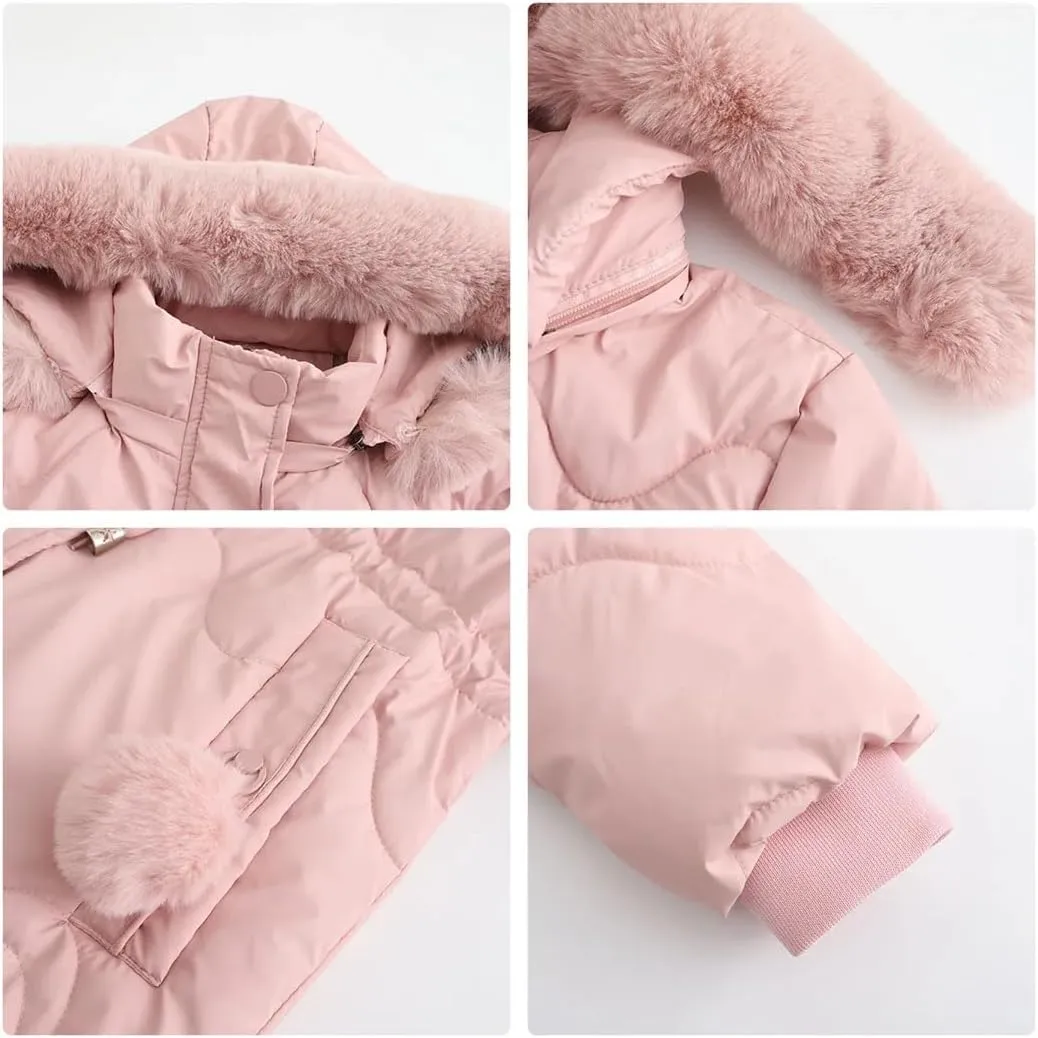 Women's Winter Mid Length Padded Down Jacket Large Fur Collar Hooded Waisted Parkas Thicken Warm Cotton Puffer Coat