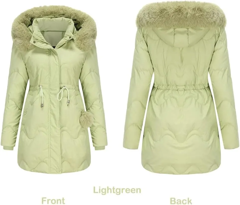 Women's Winter Mid Length Padded Down Jacket Large Fur Collar Hooded Waisted Parkas Thicken Warm Cotton Puffer Coat