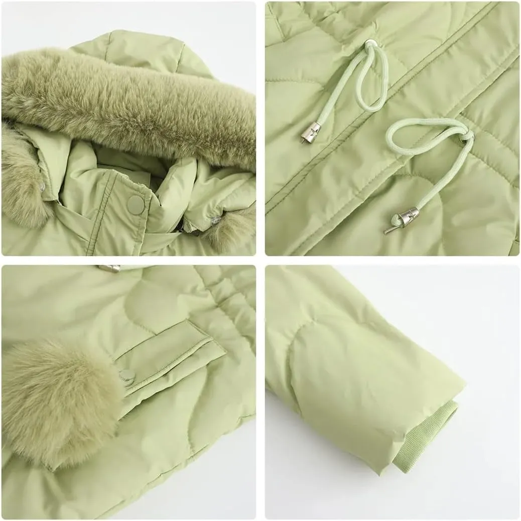 Women's Winter Mid Length Padded Down Jacket Large Fur Collar Hooded Waisted Parkas Thicken Warm Cotton Puffer Coat