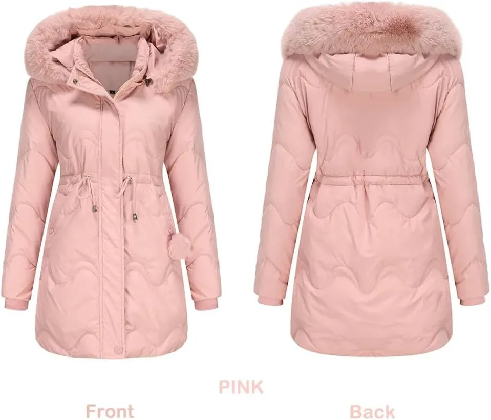 Women's Winter Mid Length Padded Down Jacket Large Fur Collar Hooded Waisted Parkas Thicken Warm Cotton Puffer Coat