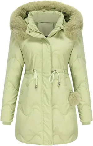 Women's Winter Mid Length Padded Down Jacket Large Fur Collar Hooded Waisted Parkas Thicken Warm Cotton Puffer Coat