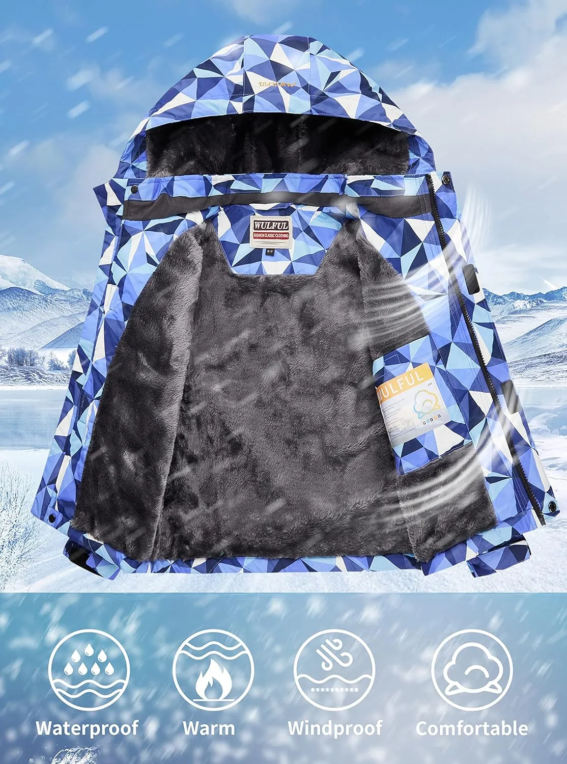 WULFUL Boy's Waterproof Ski Jacket Warm Fleece Hooded Winter Snow Coat