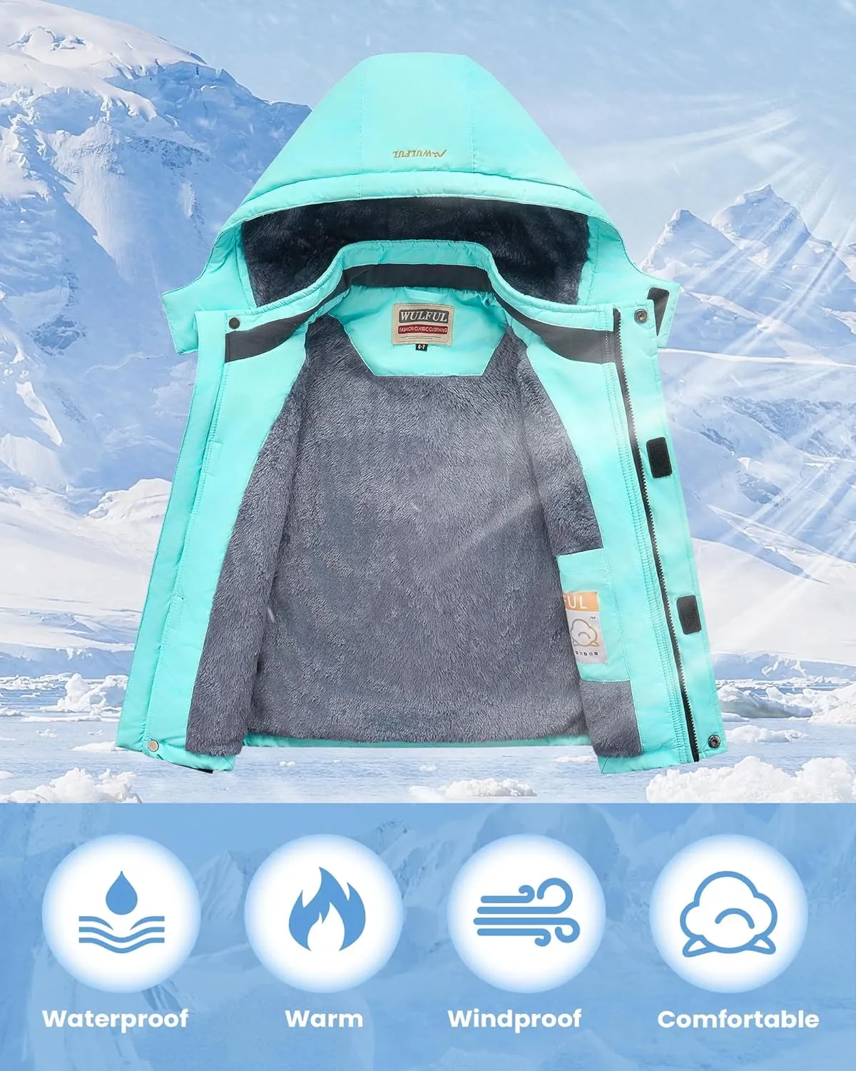WULFUL Boy's Waterproof Ski Jacket Warm Fleece Hooded Winter Snow Coat