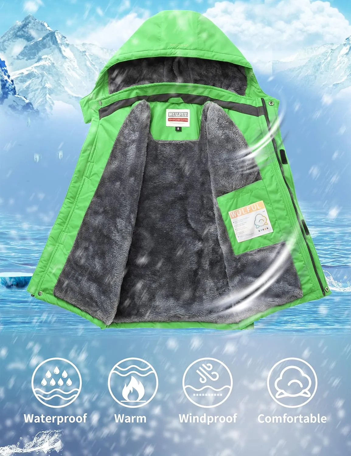 WULFUL Boy's Waterproof Ski Jacket Warm Fleece Hooded Winter Snow Coat
