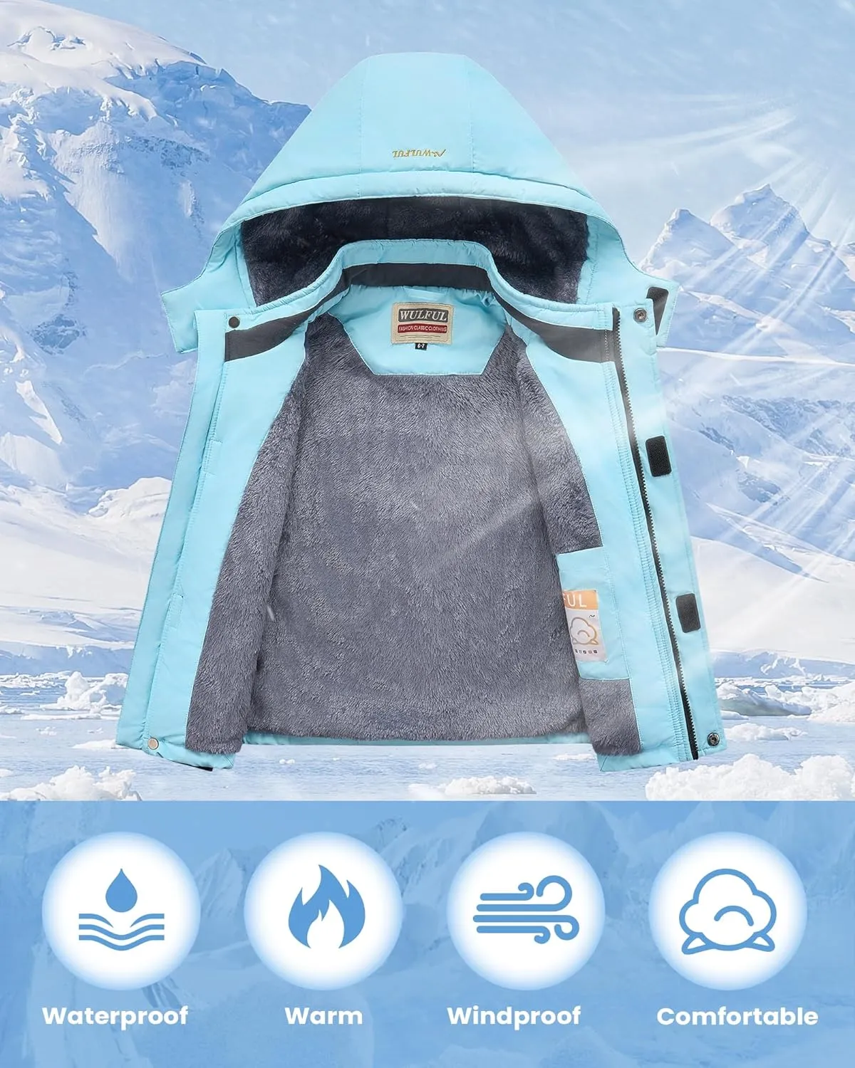 WULFUL Boy's Waterproof Ski Jacket Warm Fleece Hooded Winter Snow Coat