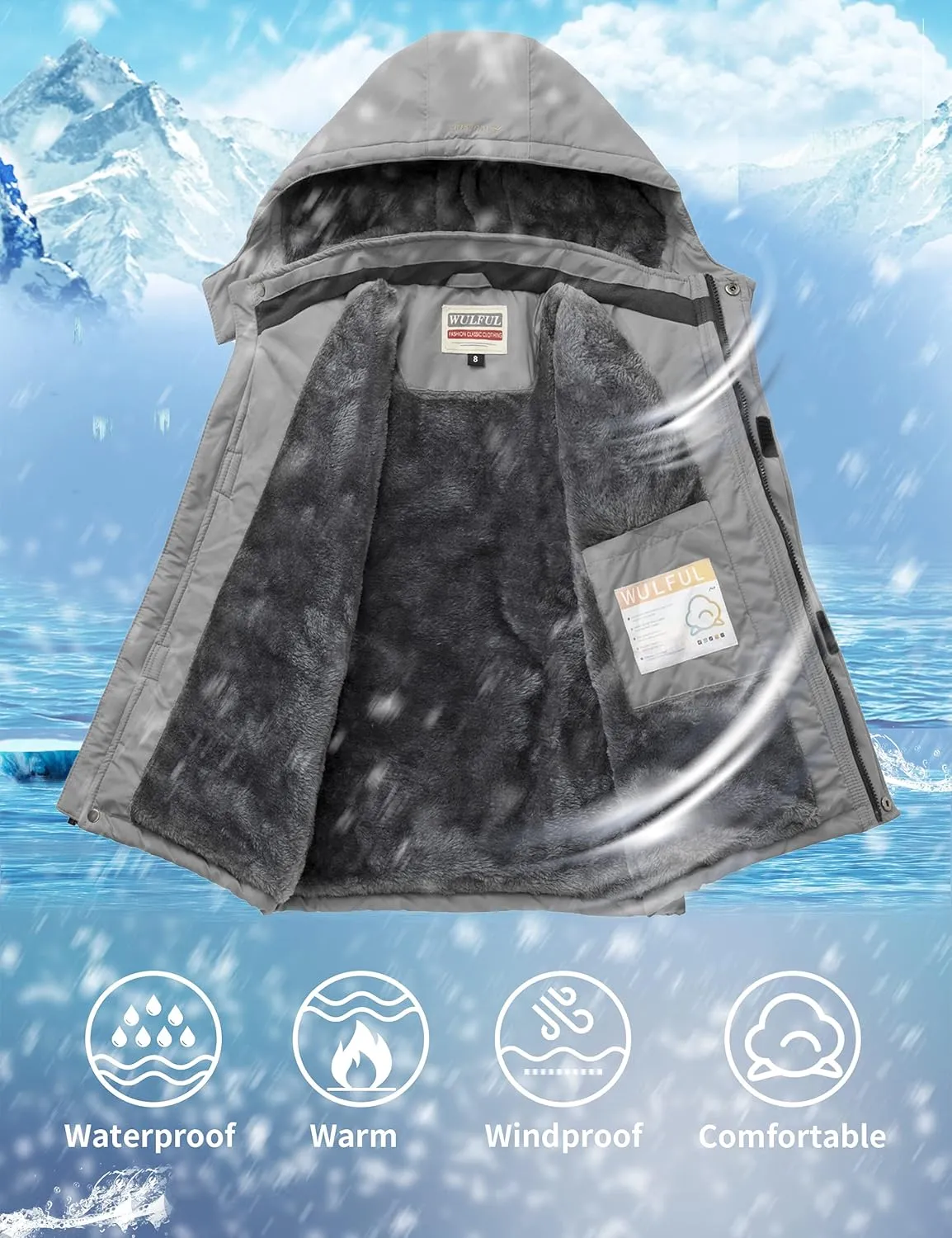 WULFUL Boy's Waterproof Ski Jacket Warm Fleece Hooded Winter Snow Coat