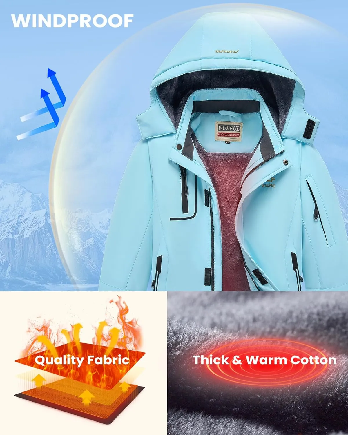 WULFUL Boy's Waterproof Ski Jacket Warm Fleece Hooded Winter Snow Coat