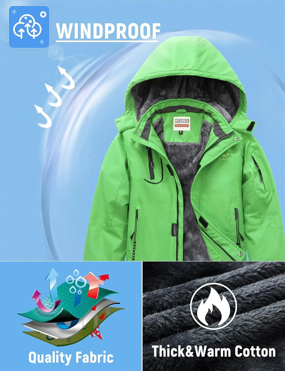 WULFUL Boy's Waterproof Ski Jacket Warm Fleece Hooded Winter Snow Coat