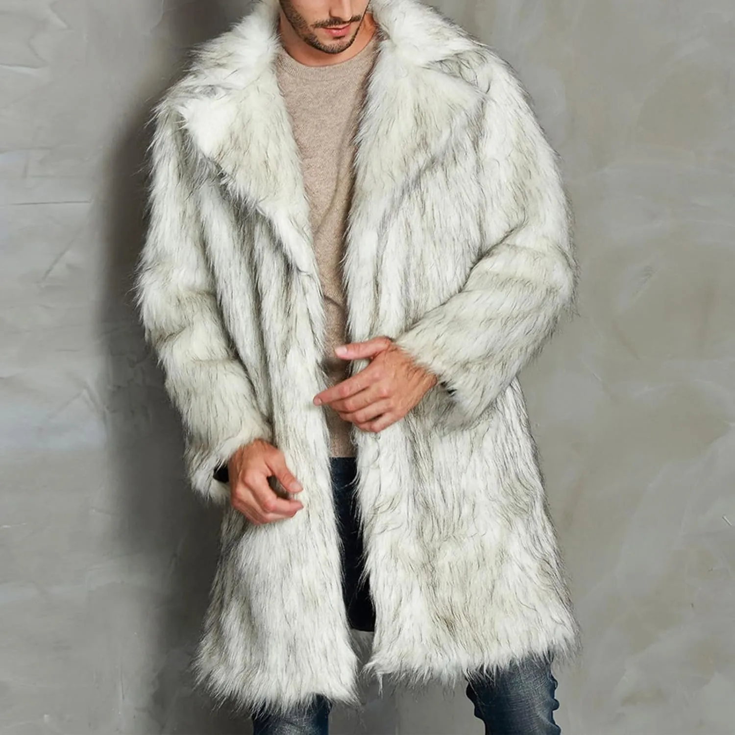 XBTCLXEBCO Men's Luxury Faux Fur Coat Jacket Winter Warm Thick Mink Overcoat Long Furry Trench Cardigan Overcoat Outerwear