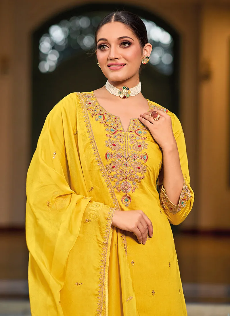 Yellow Handwork Embroidery Sharara Palazzo Suit