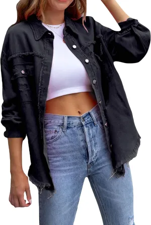 YMING Women's Oversized Denim Jacket Boyfriend Distressed Jean Jacket Autumn Casual Ripped Coats