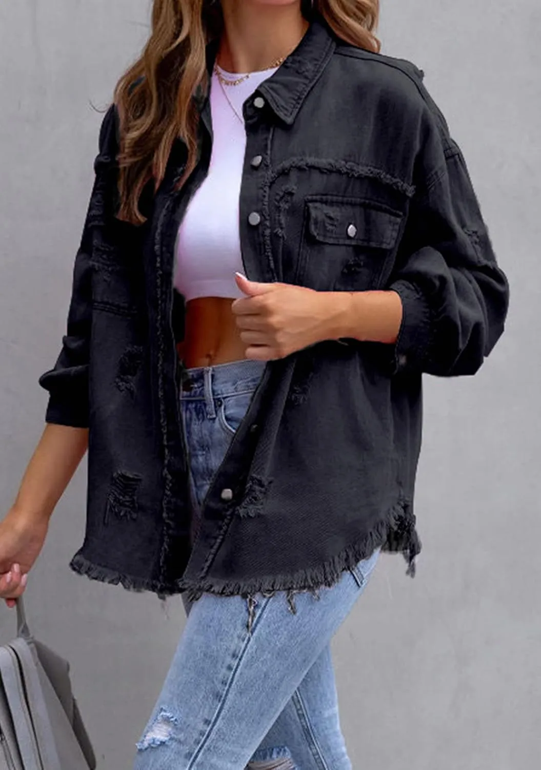 YMING Women's Oversized Denim Jacket Boyfriend Distressed Jean Jacket Autumn Casual Ripped Coats