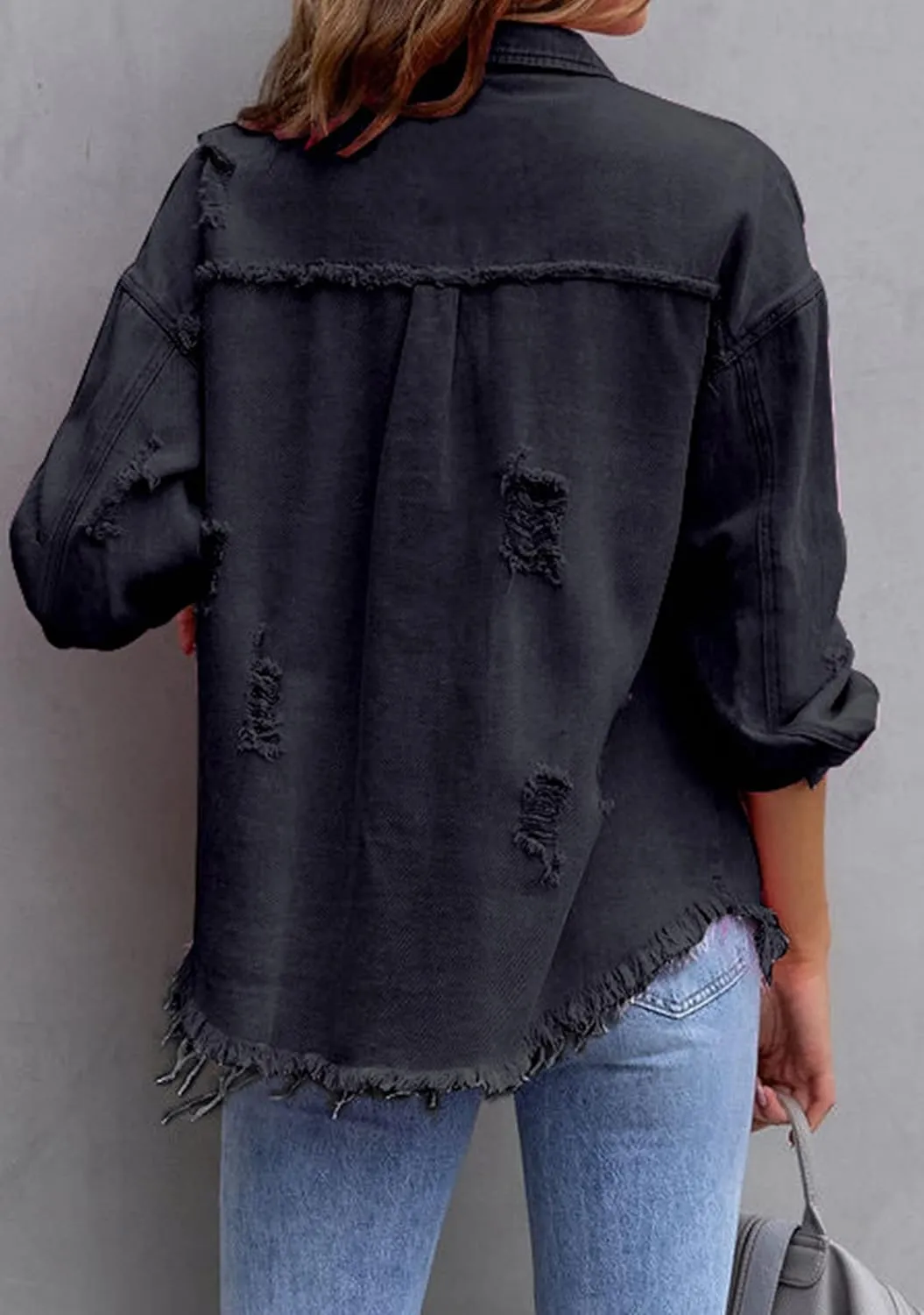 YMING Women's Oversized Denim Jacket Boyfriend Distressed Jean Jacket Autumn Casual Ripped Coats