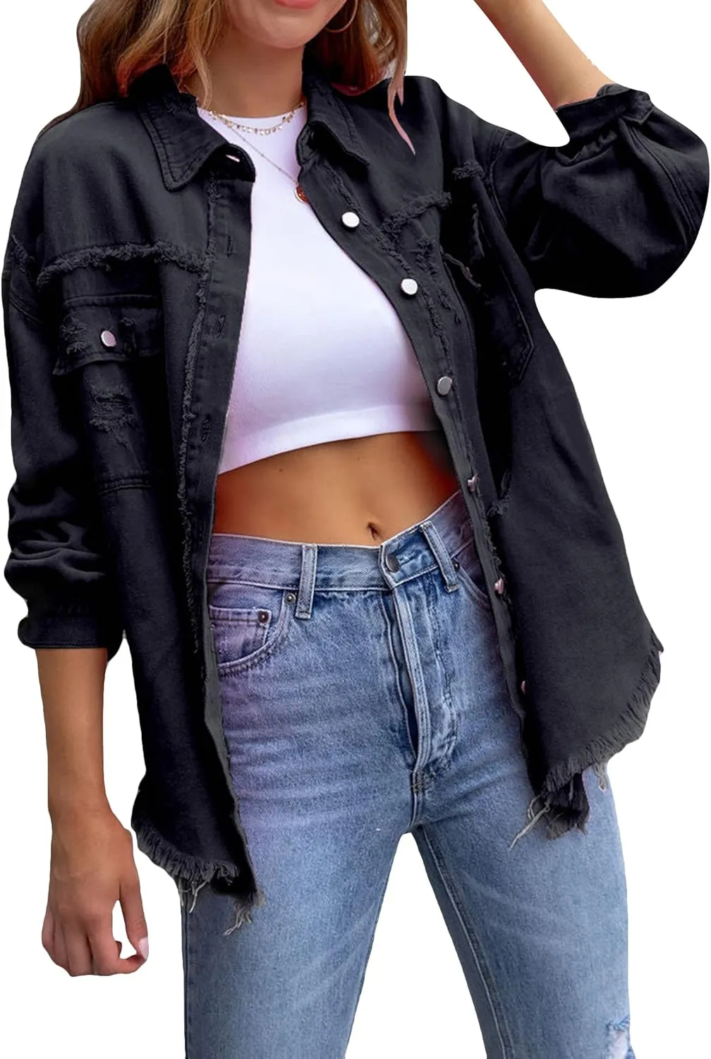 YMING Women's Oversized Denim Jacket Boyfriend Distressed Jean Jacket Autumn Casual Ripped Coats