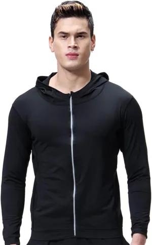 Yoga Shirt Men Hoodie Jacket Long Sleeve Hooded Sun Shirts Outdoor with Pockets,Breathable Quick Dry Fitness Gym Tops (Color : Black/, Size : XL/)