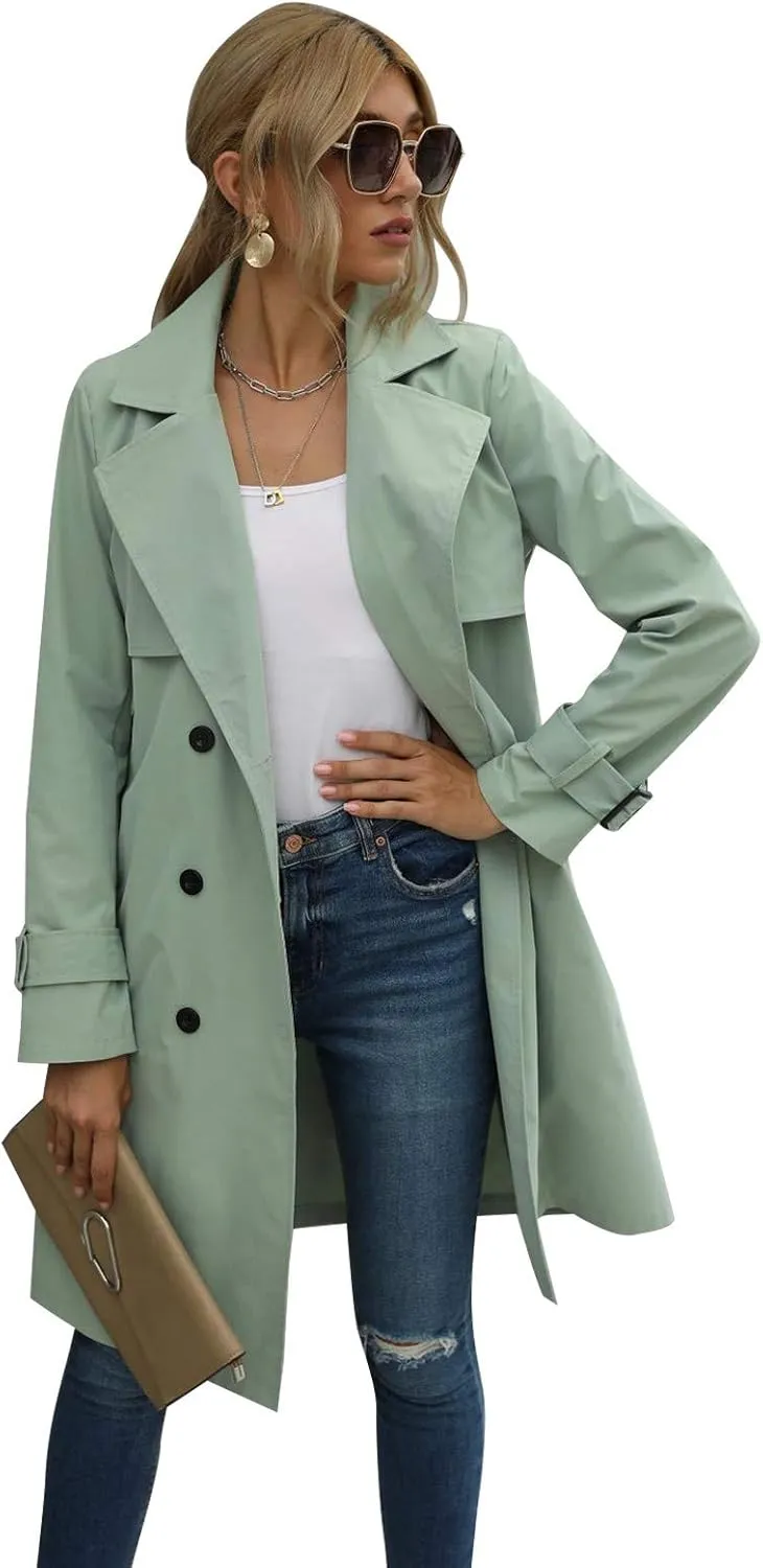 Yuemengxuan Women Solid Color Trench Coat, Ladies Long Sleeve Lapel Double Breasted Belted Trench Coat Jacket