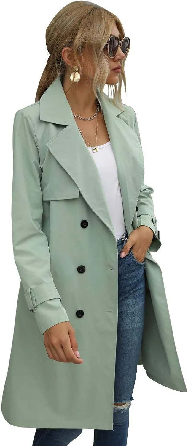 Yuemengxuan Women Solid Color Trench Coat, Ladies Long Sleeve Lapel Double Breasted Belted Trench Coat Jacket