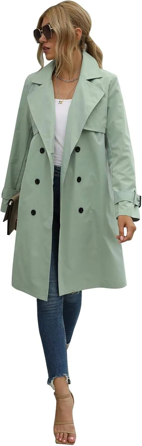 Yuemengxuan Women Solid Color Trench Coat, Ladies Long Sleeve Lapel Double Breasted Belted Trench Coat Jacket