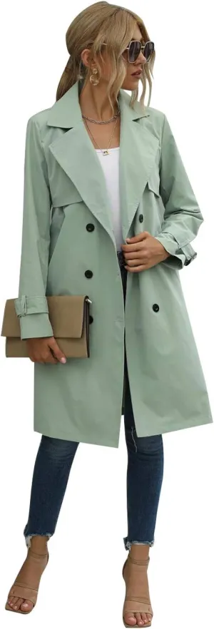 Yuemengxuan Women Solid Color Trench Coat, Ladies Long Sleeve Lapel Double Breasted Belted Trench Coat Jacket