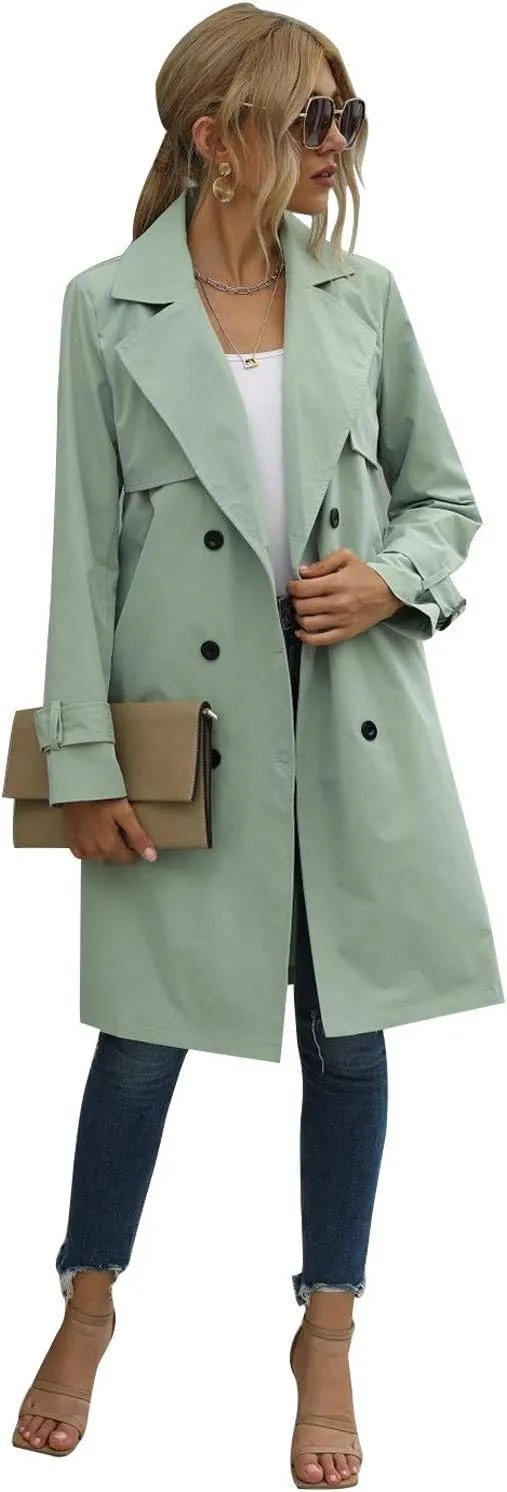 Yuemengxuan Women Solid Color Trench Coat, Ladies Long Sleeve Lapel Double Breasted Belted Trench Coat Jacket