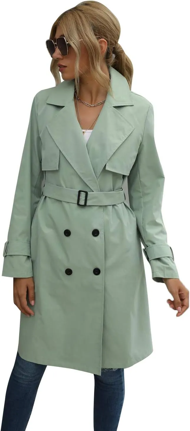 Yuemengxuan Women Solid Color Trench Coat, Ladies Long Sleeve Lapel Double Breasted Belted Trench Coat Jacket