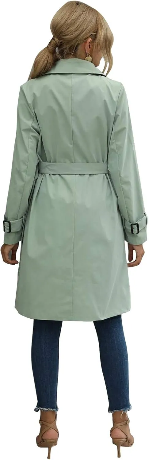 Yuemengxuan Women Solid Color Trench Coat, Ladies Long Sleeve Lapel Double Breasted Belted Trench Coat Jacket