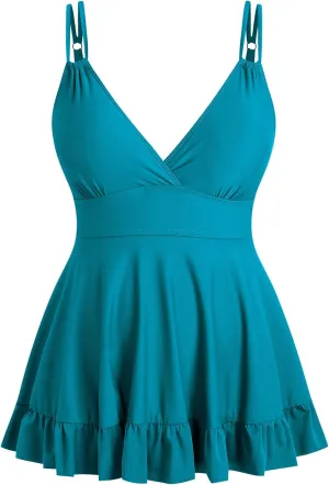 ZAFUL Plus Size Tankini Tops for Women Double Shoulder Strap Swimsuit Tops V Neck Skrited Bathing Suit Top Only