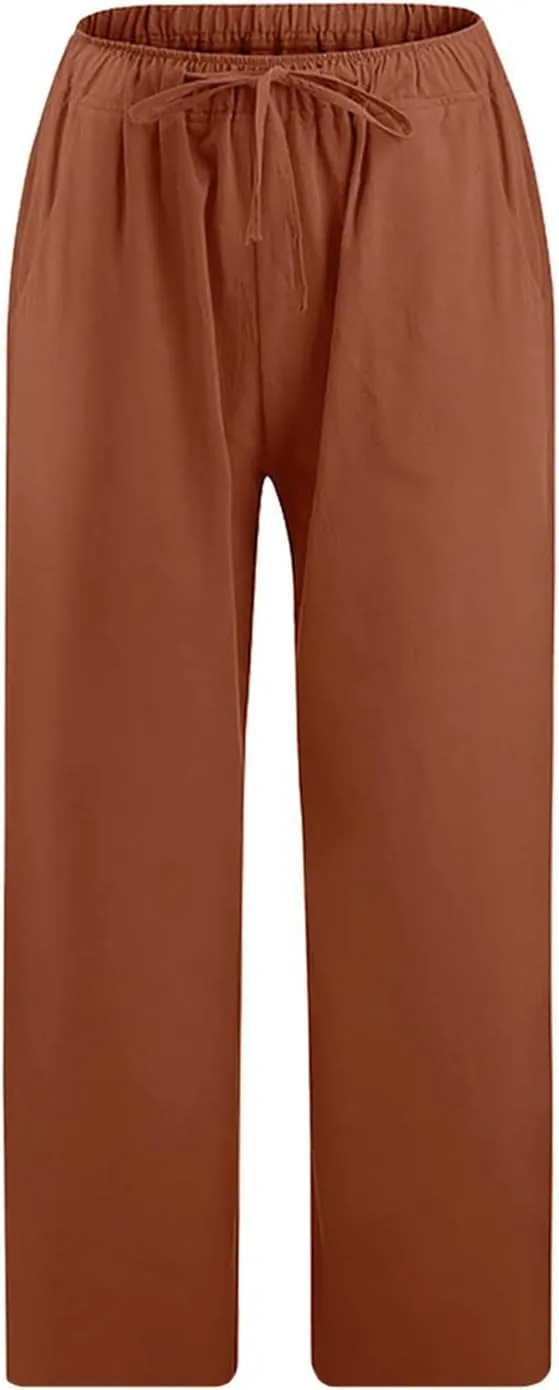 ZDRZK Lightweight Summer Pants Women Casual Cotton Linen Cropped Pants Elastic Waist Drawstring Wide Leg Capris Trousers