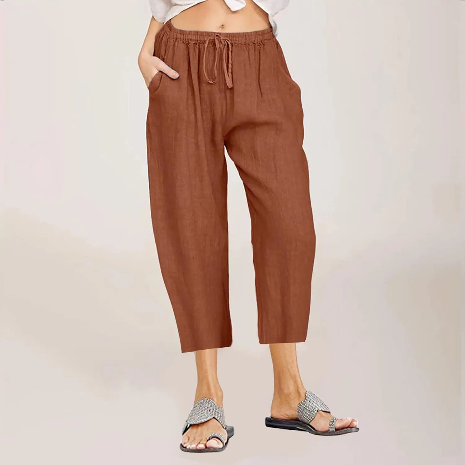 ZDRZK Lightweight Summer Pants Women Casual Cotton Linen Cropped Pants Elastic Waist Drawstring Wide Leg Capris Trousers