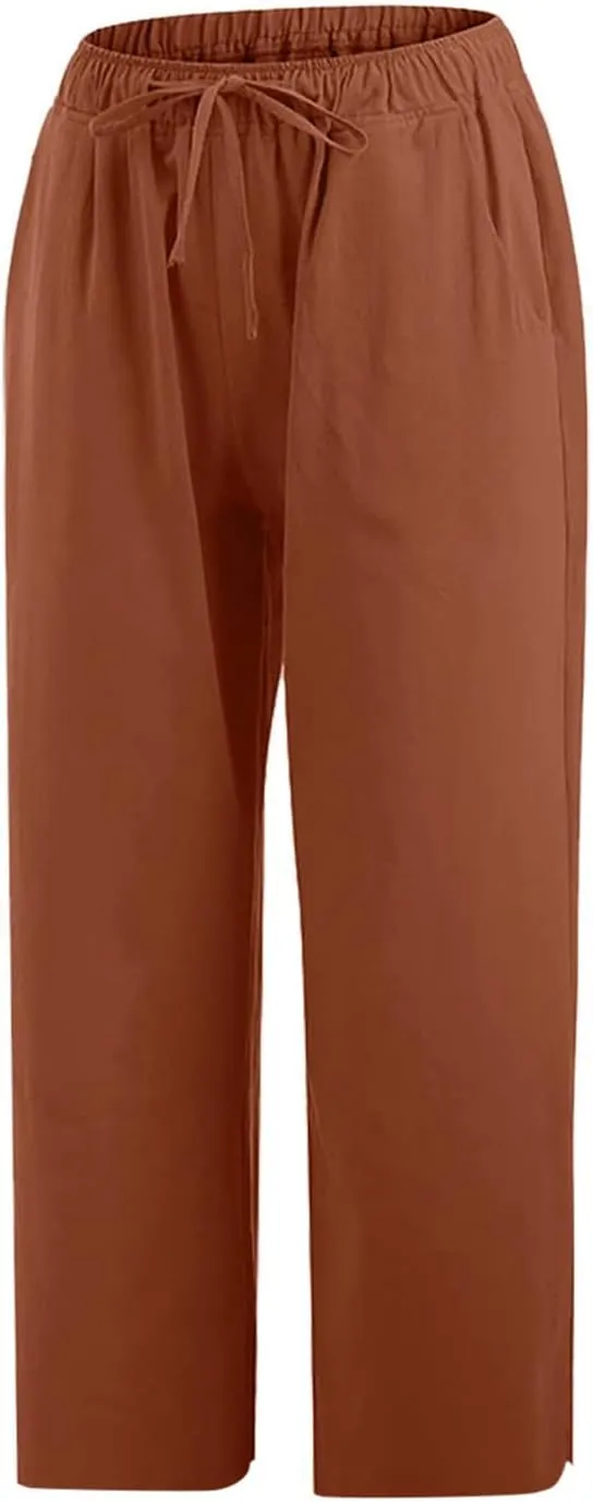ZDRZK Lightweight Summer Pants Women Casual Cotton Linen Cropped Pants Elastic Waist Drawstring Wide Leg Capris Trousers