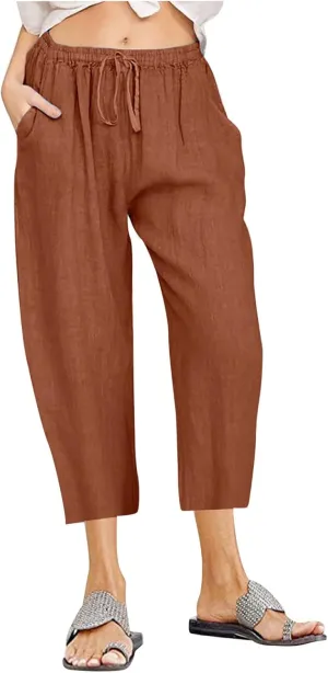 ZDRZK Lightweight Summer Pants Women Casual Cotton Linen Cropped Pants Elastic Waist Drawstring Wide Leg Capris Trousers