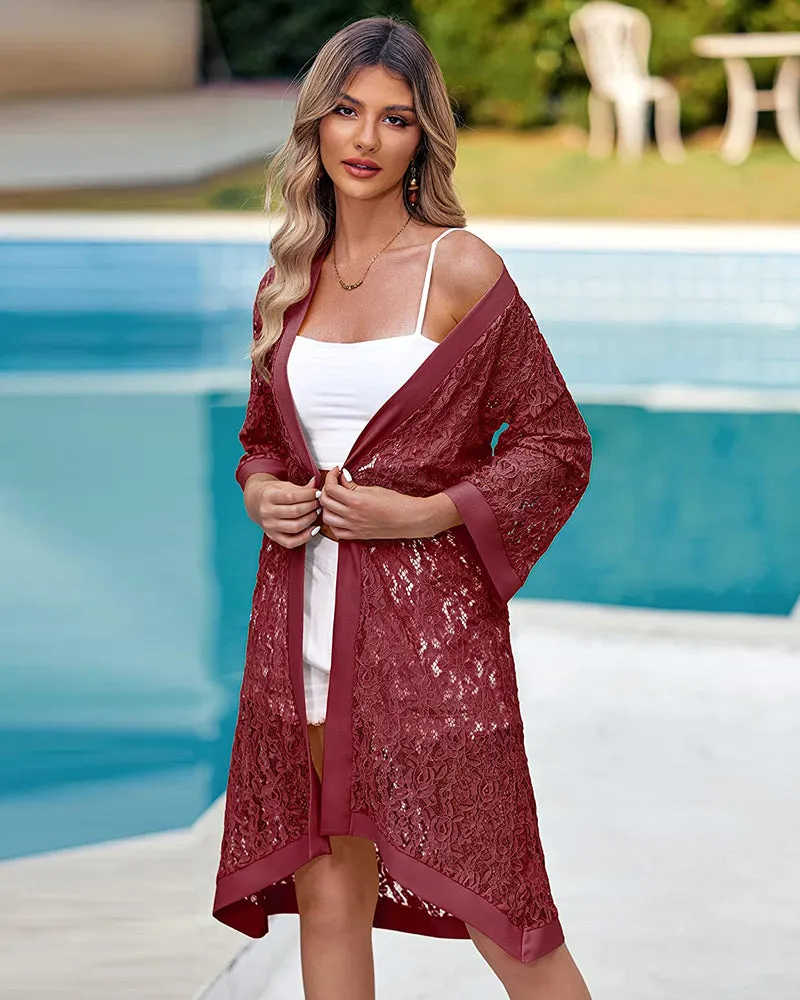 Zeagoo Women Lace Crochet Coverups Open Front Cardigan Sheer Cover Up 3/4 Sleeve Kimono (US Only)