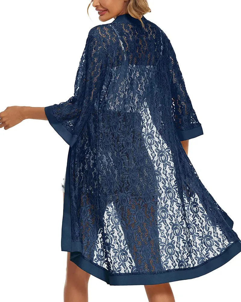 Zeagoo Women Lace Crochet Coverups Open Front Cardigan Sheer Cover Up 3/4 Sleeve Kimono (US Only)