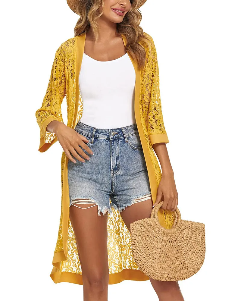 Zeagoo Women Lace Crochet Coverups Open Front Cardigan Sheer Cover Up 3/4 Sleeve Kimono (US Only)