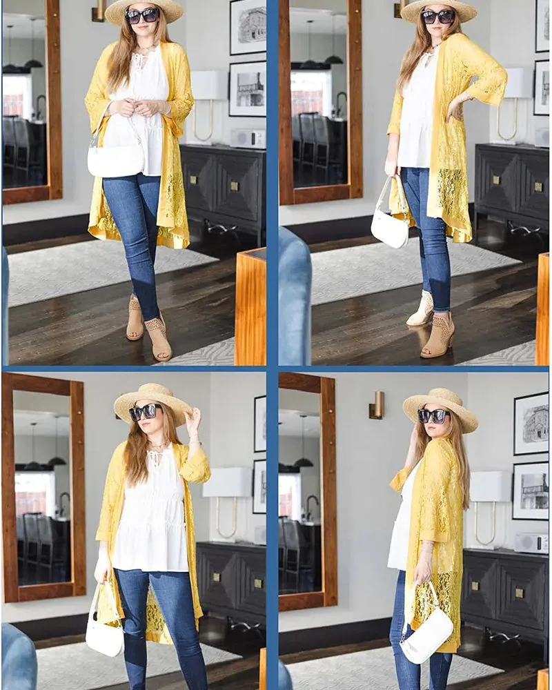 Zeagoo Women Lace Crochet Coverups Open Front Cardigan Sheer Cover Up 3/4 Sleeve Kimono (US Only)