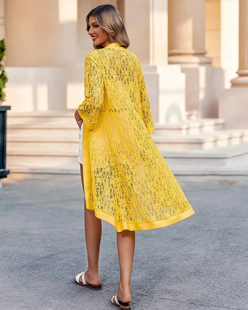Zeagoo Women Lace Crochet Coverups Open Front Cardigan Sheer Cover Up 3/4 Sleeve Kimono (US Only)