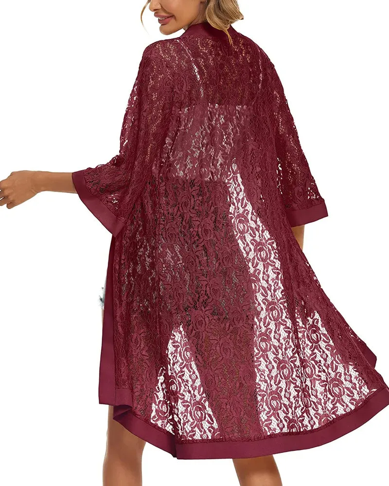 Zeagoo Women Lace Crochet Coverups Open Front Cardigan Sheer Cover Up 3/4 Sleeve Kimono (US Only)