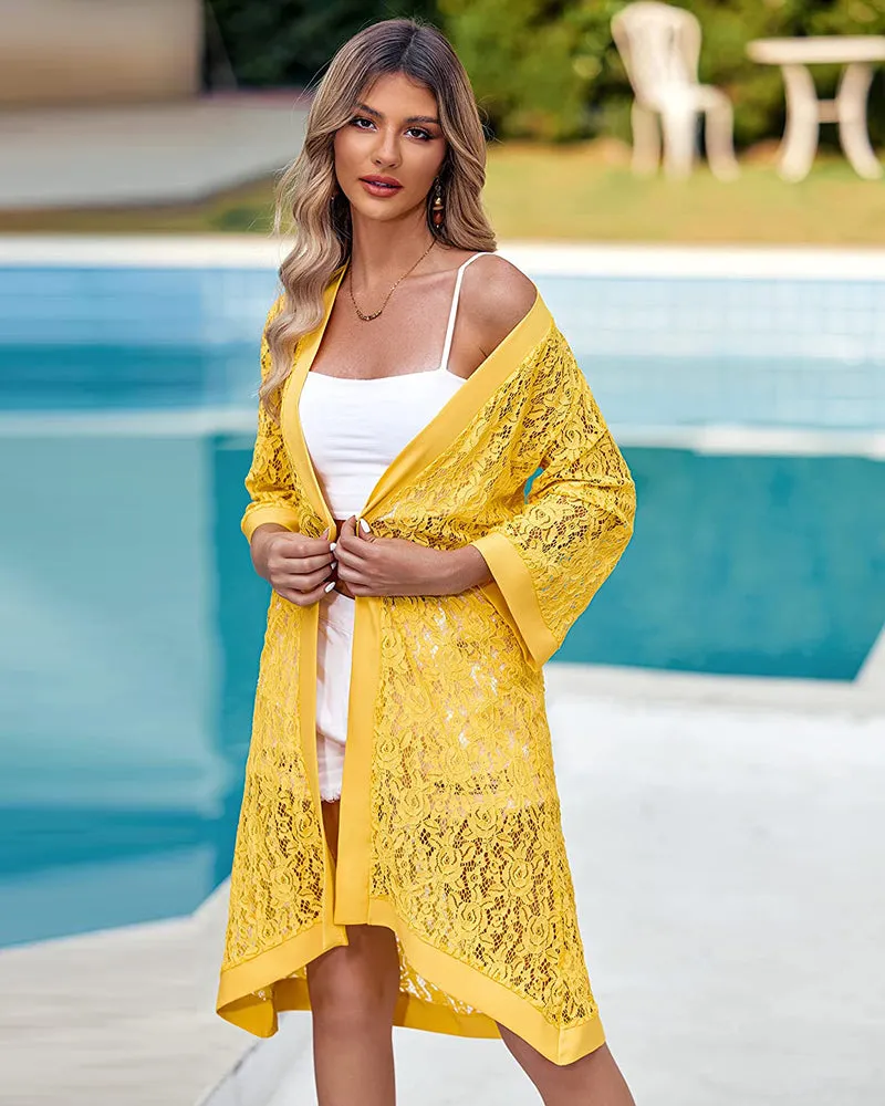 Zeagoo Women Lace Crochet Coverups Open Front Cardigan Sheer Cover Up 3/4 Sleeve Kimono (US Only)