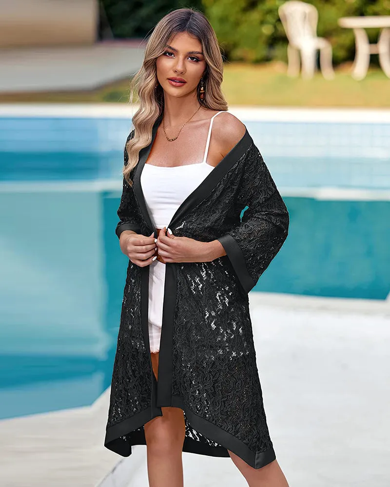 Zeagoo Women Lace Crochet Coverups Open Front Cardigan Sheer Cover Up 3/4 Sleeve Kimono (US Only)