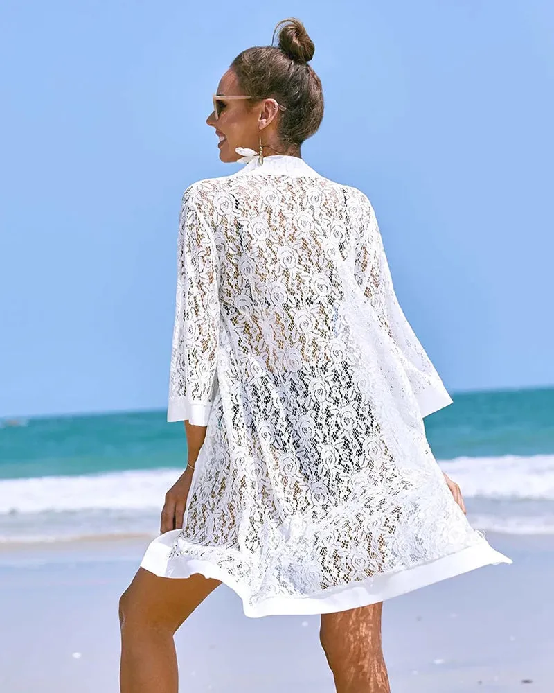 Zeagoo Women Lace Crochet Coverups Open Front Cardigan Sheer Cover Up 3/4 Sleeve Kimono (US Only)