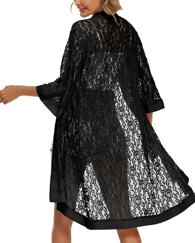 Zeagoo Women Lace Crochet Coverups Open Front Cardigan Sheer Cover Up 3/4 Sleeve Kimono (US Only)