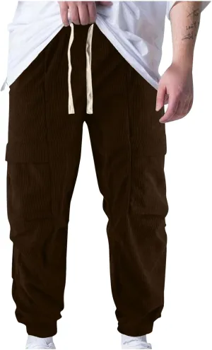 Zeiyignr Mens Corduroy Joggers Pants Casual Cargo Pants Drawstring Elastic Waist Slim Fit Tapered Sweatpants with Pockets