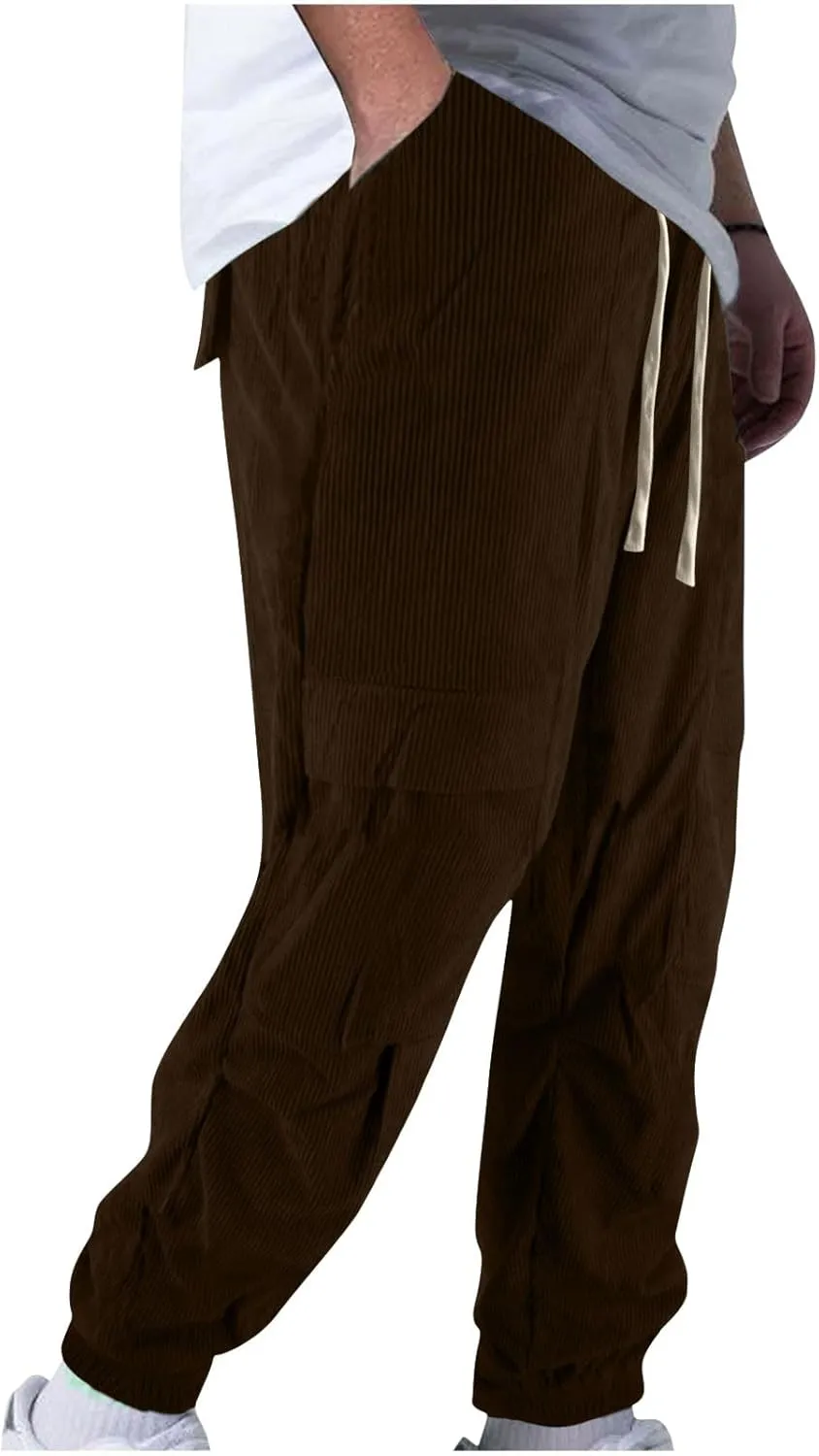 Zeiyignr Mens Corduroy Joggers Pants Casual Cargo Pants Drawstring Elastic Waist Slim Fit Tapered Sweatpants with Pockets