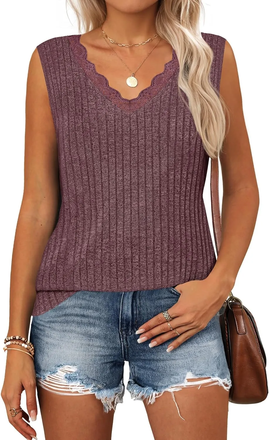 ZESICA Womens Summer Tank Top Sleeveless V Neck Lace Loose Fit Basic Tops Shirts 2025 Fashion Clothes